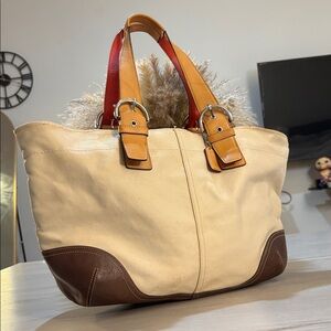 Coach Canvas Leather Trim Tote Bag Beige Brown Zip Top Shoulder Bag